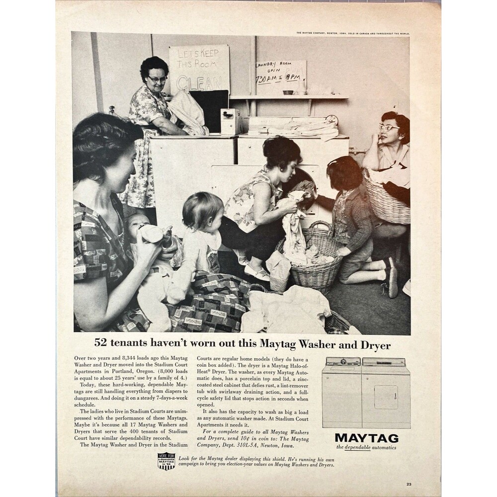 Maytag Washer & Dryer "52 Tenants could not wear them out" Vtg Print Ad 1964